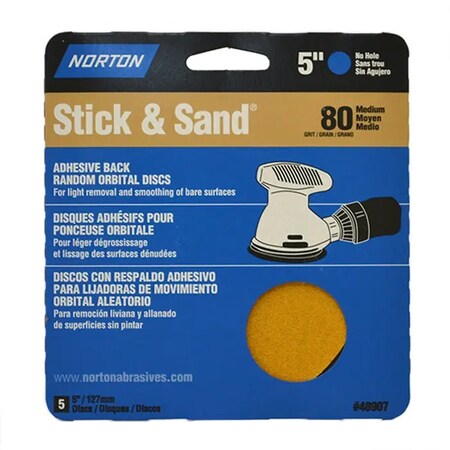 Norton Co 5" Stick & Sand No-Hole PSA Sanding Disc 80-Grit, PK 5 48907